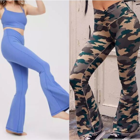 NWT Aerie Real Me High Waisted Ruched Flare Leg Leggings Camo &  Blue Bundle S - Picture 1 of 11